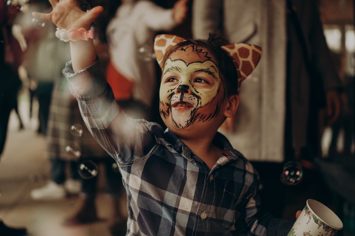 a young person with a face painted like a lion at birthday party with bubbles
